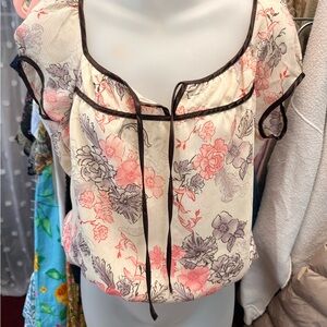 Y2K Floral Cream Short-Sleeve Peasant Top with Brown Trim